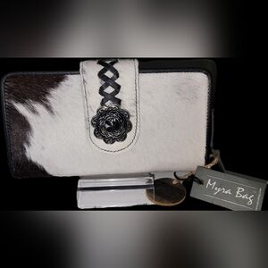 Myra Bag Women's Concho WALLET Brown/White Leather Cowhide  Made In India NWT.